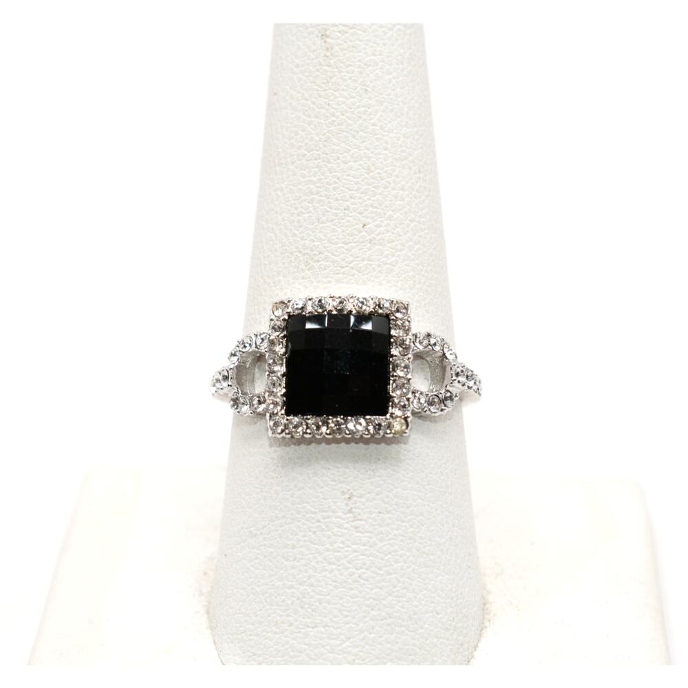 Vintage Black Stone Ring Clear Rhinestones Silver Tone Size 9